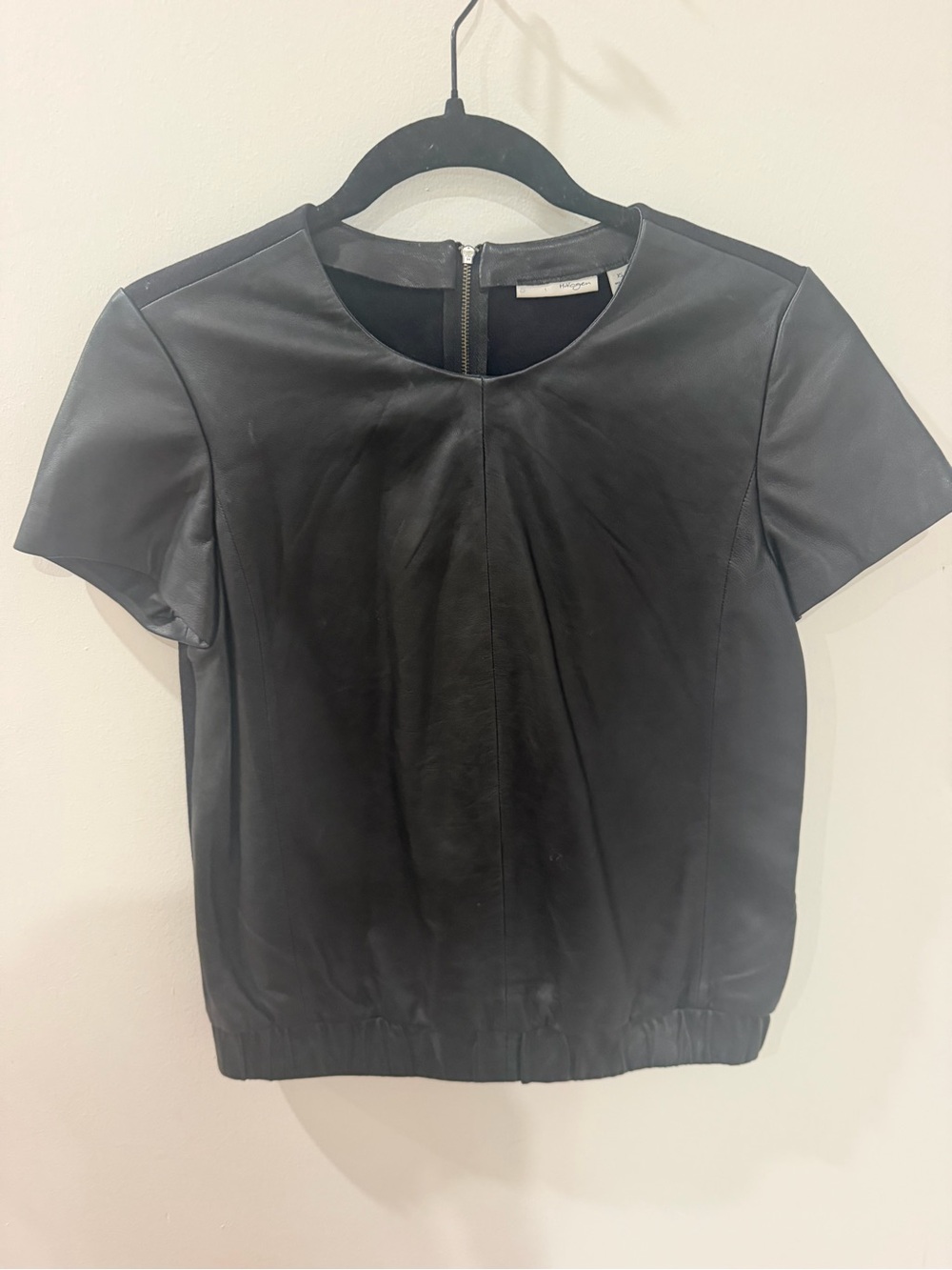 Halogen Black Faux Leather & Knit Mixed Media Short Sleeve Top - XS